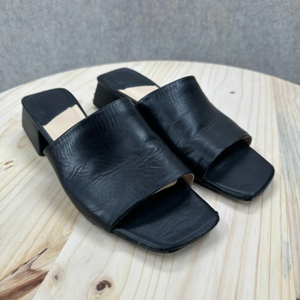 Y2K Sandals Womens 10M Black Leather Square Toe Low Block Heel Mules